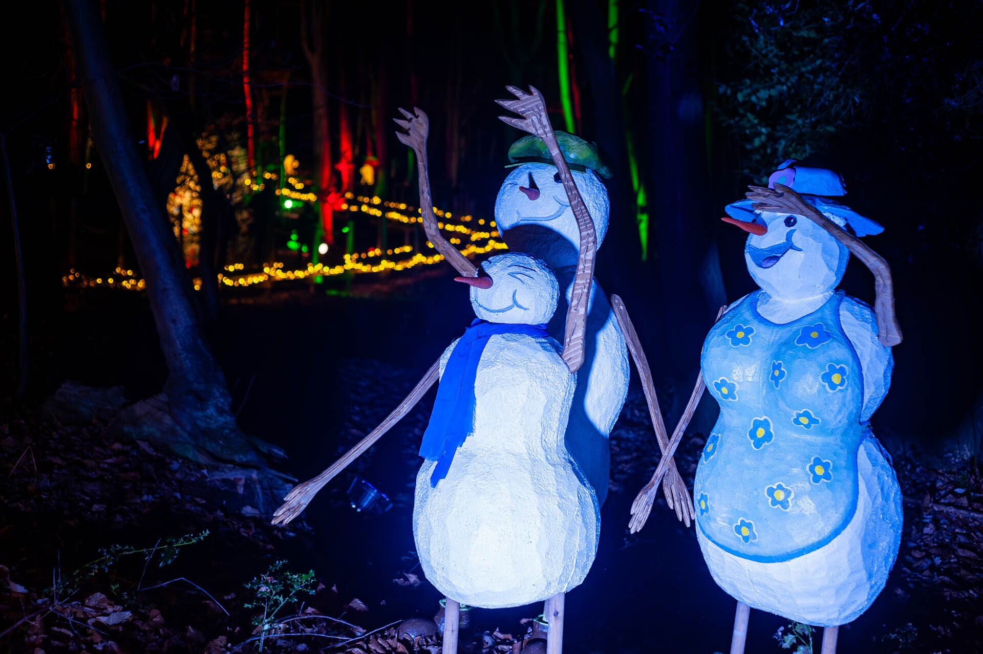 Three snowmen wave in front of colourful lights at BeWILDerwood